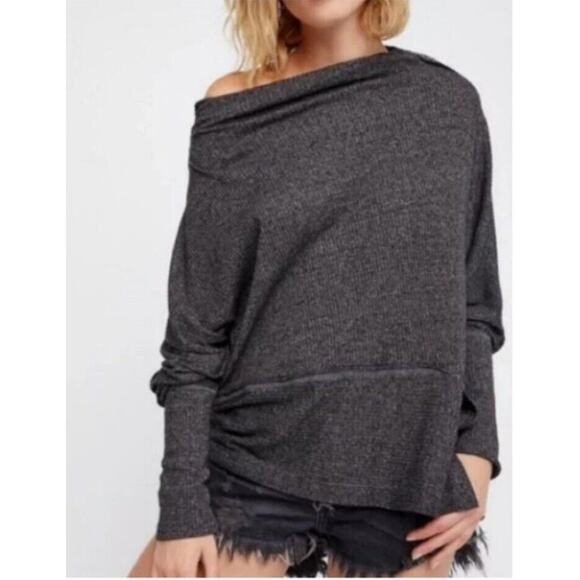 Free People Londontown Oversized Thermal Top Slouchy Charcoal Gray Size XS - Picture 2 of 9